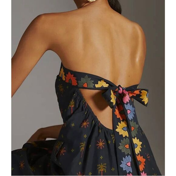 Anthropologie Farm Rio Embroidered Dress Strapless Black Folklore Size m petite - Picture 8 of 11